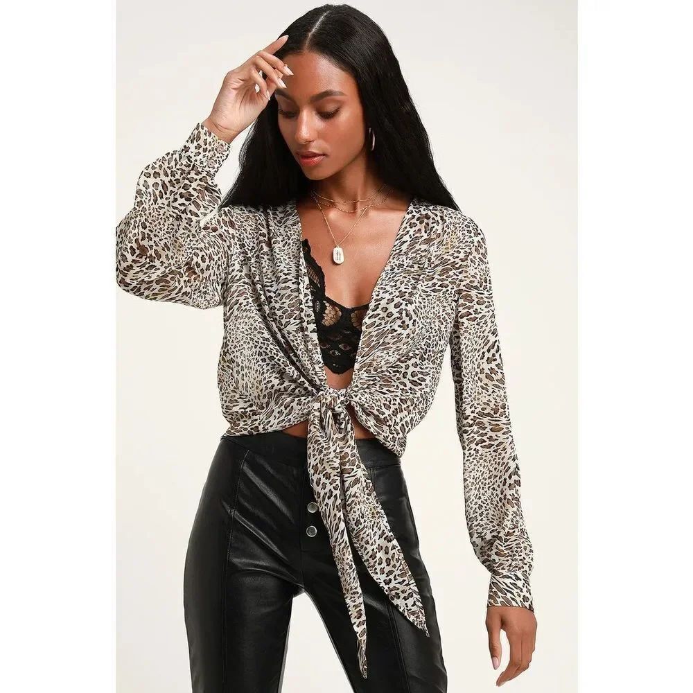 Lulus Vivaldi Taupe Leopard Print Sheer Tie-Front Top Size S